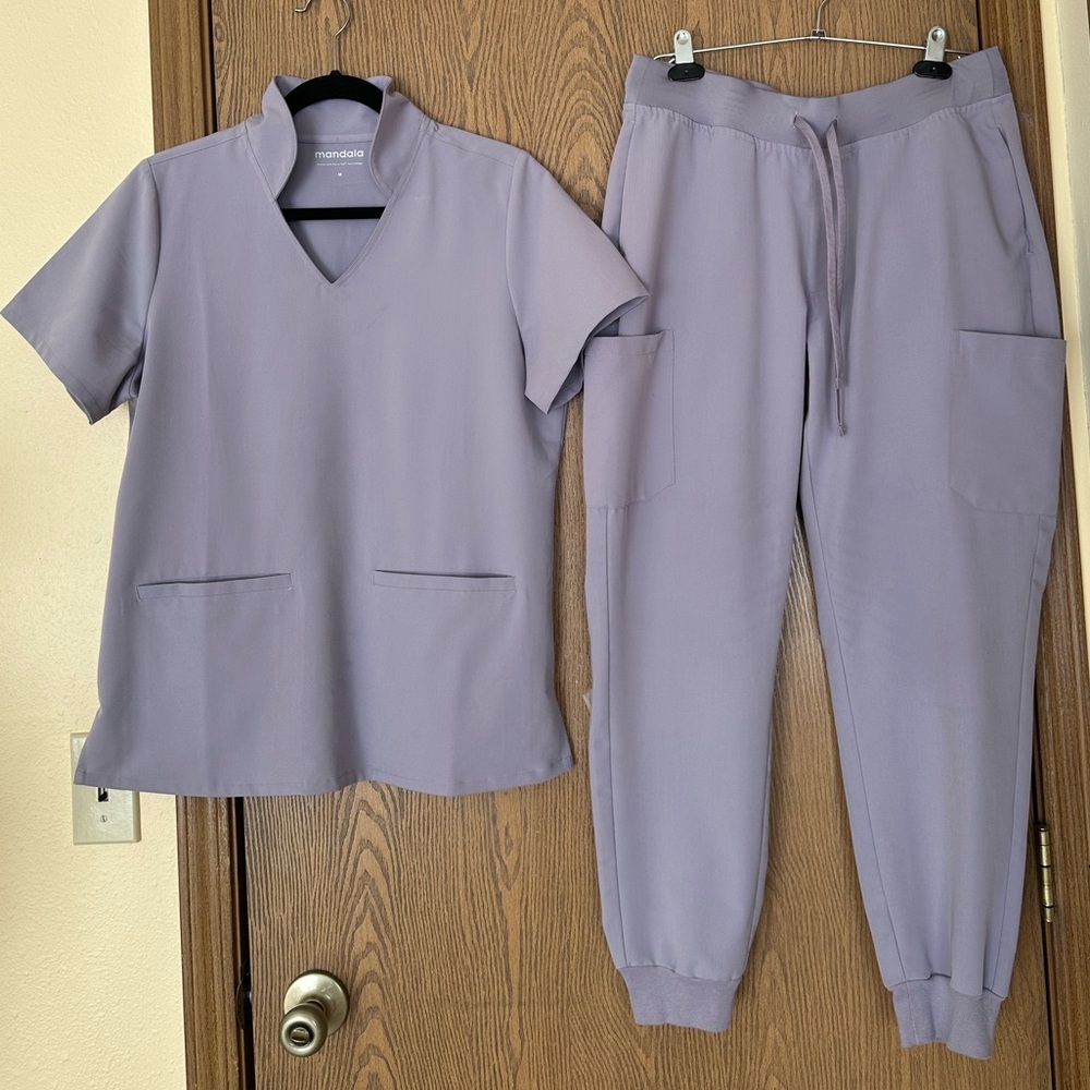 Mandala Scrub Top & Jogger Pants Set in Ube Color - Women's